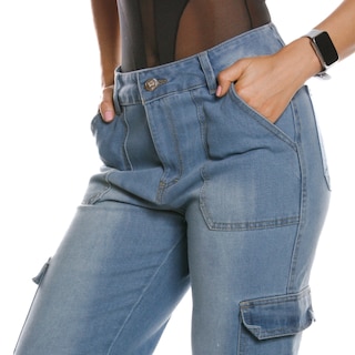 Foto 4 | Pantalón Mom Cargo De Mezclilla Para Mujer Corte Recto Tiro Alto Estilo Casual Azul Bleanch Pineda Jeans