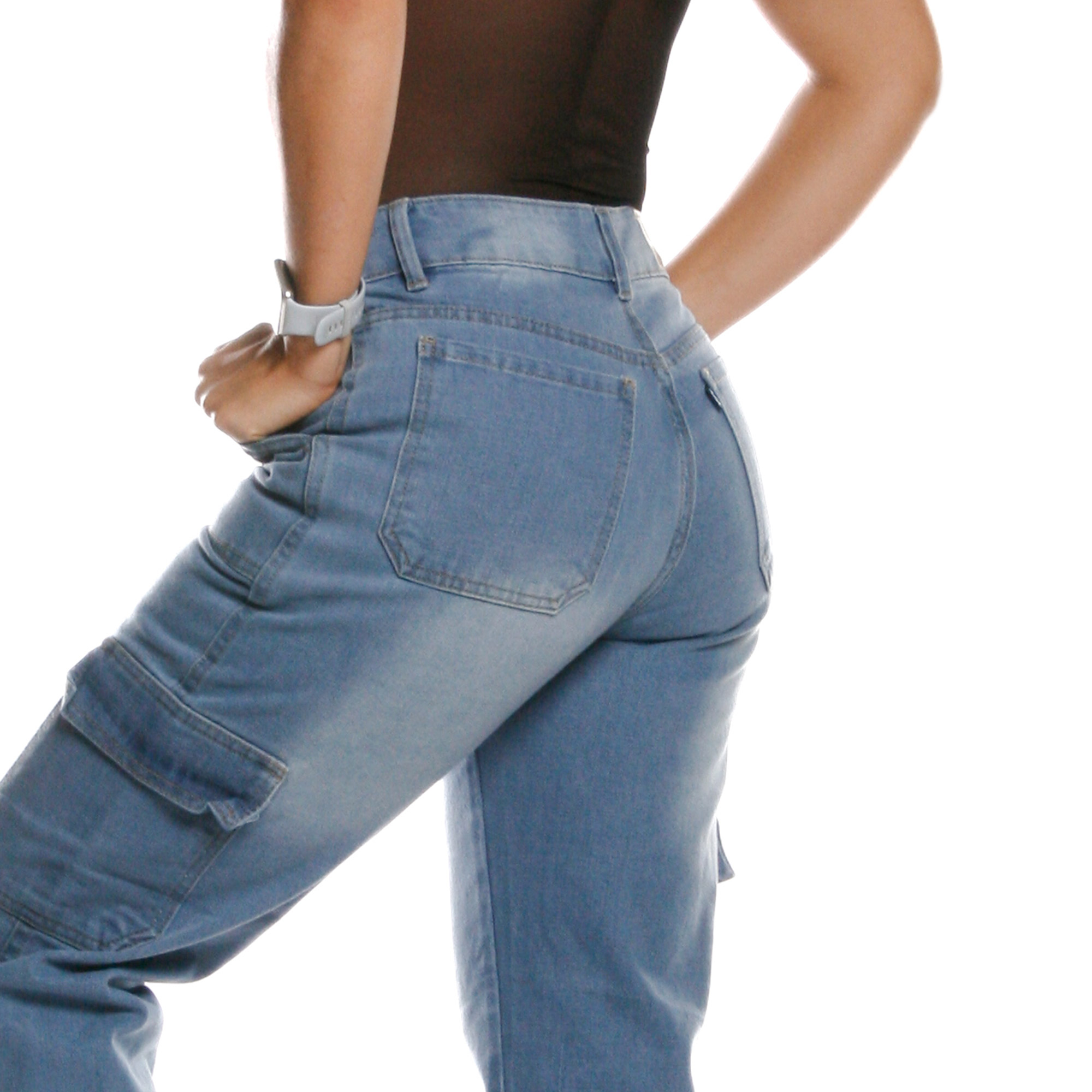 Foto 7 pulgar | Pantalón Mom Cargo De Mezclilla Para Mujer Corte Recto Tiro Alto Estilo Casual Azul Bleanch Pineda Jeans