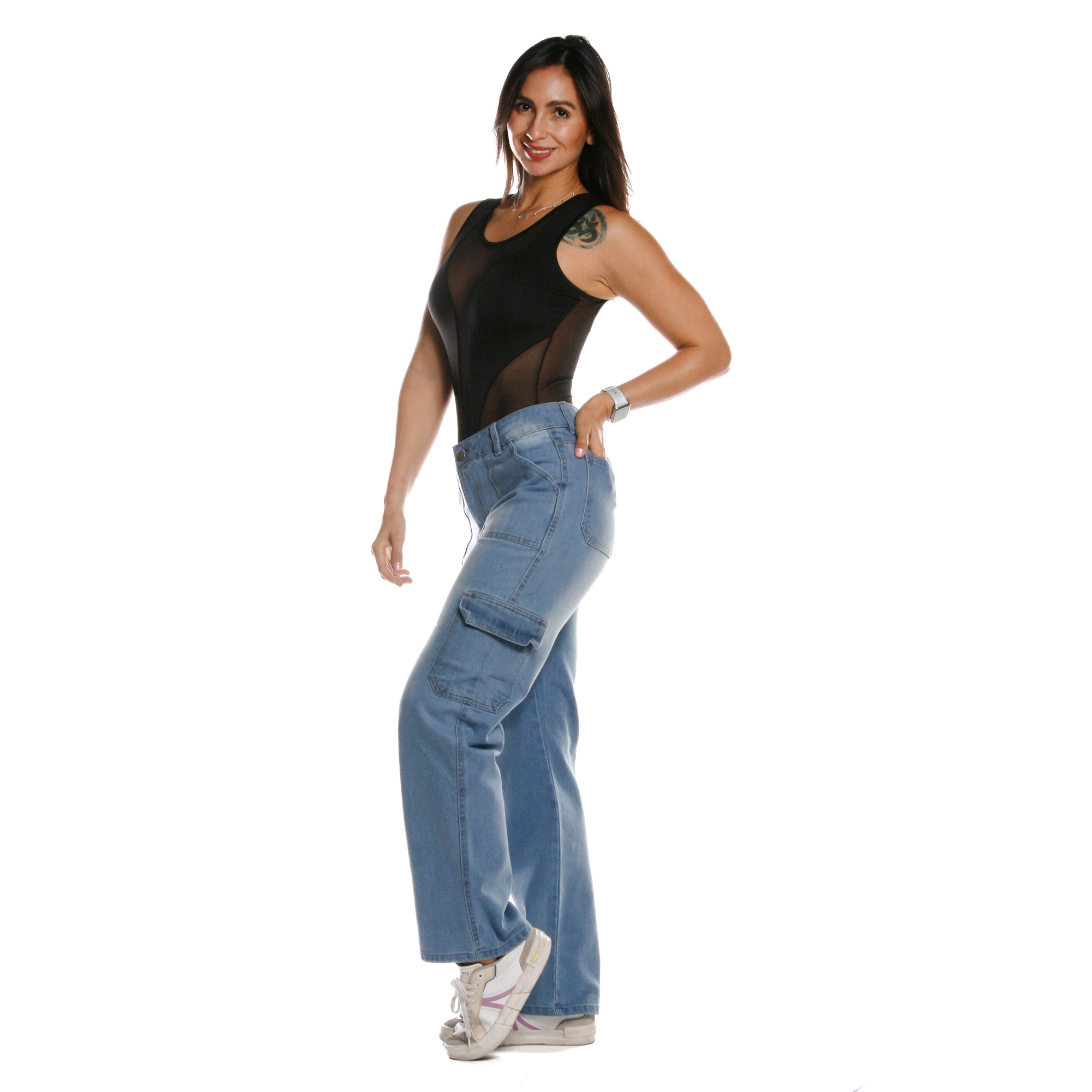 Foto 8 pulgar | Pantalón Mom Cargo De Mezclilla Para Mujer Corte Recto Tiro Alto Estilo Casual Azul Bleanch Pineda Jeans