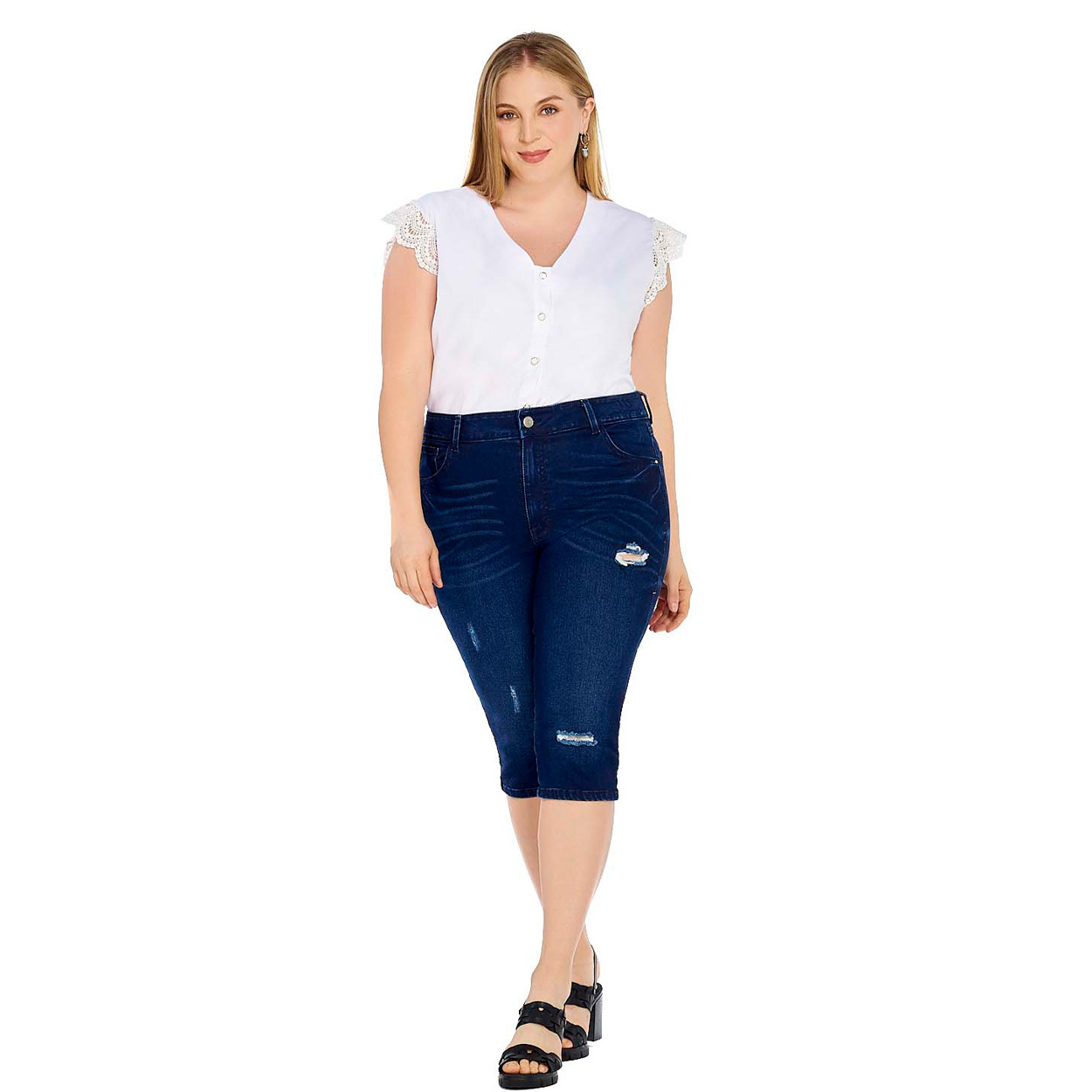 Mundo Terra Jeans Ajustados De Talle Alto Desgarro Bajo De Doblez Capri