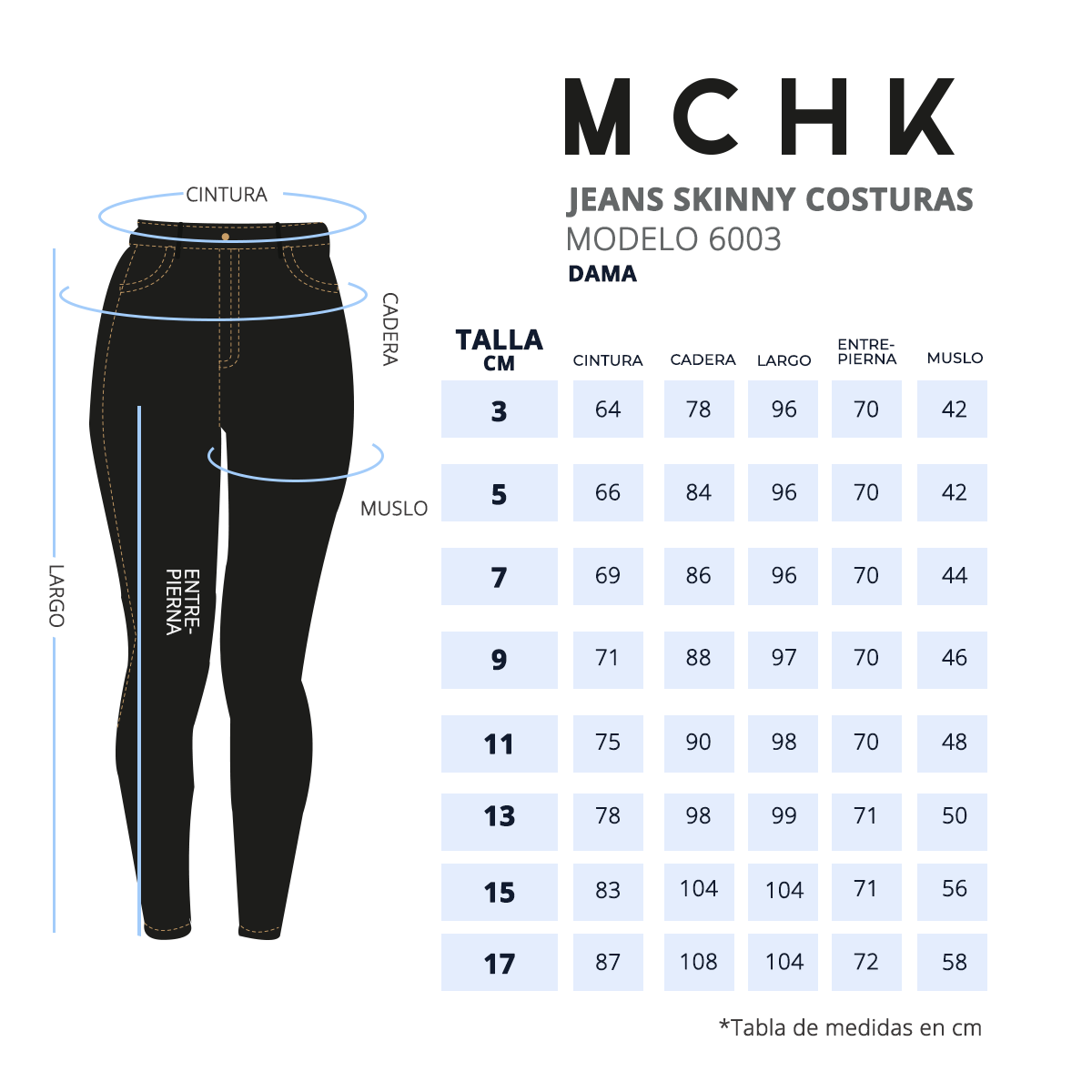 Foto 7 pulgar | Jeans de Mezclilla Skinny MCHK 6003 color Azul Oscuro Tiro Alto Costura Bi Tono para Mujer