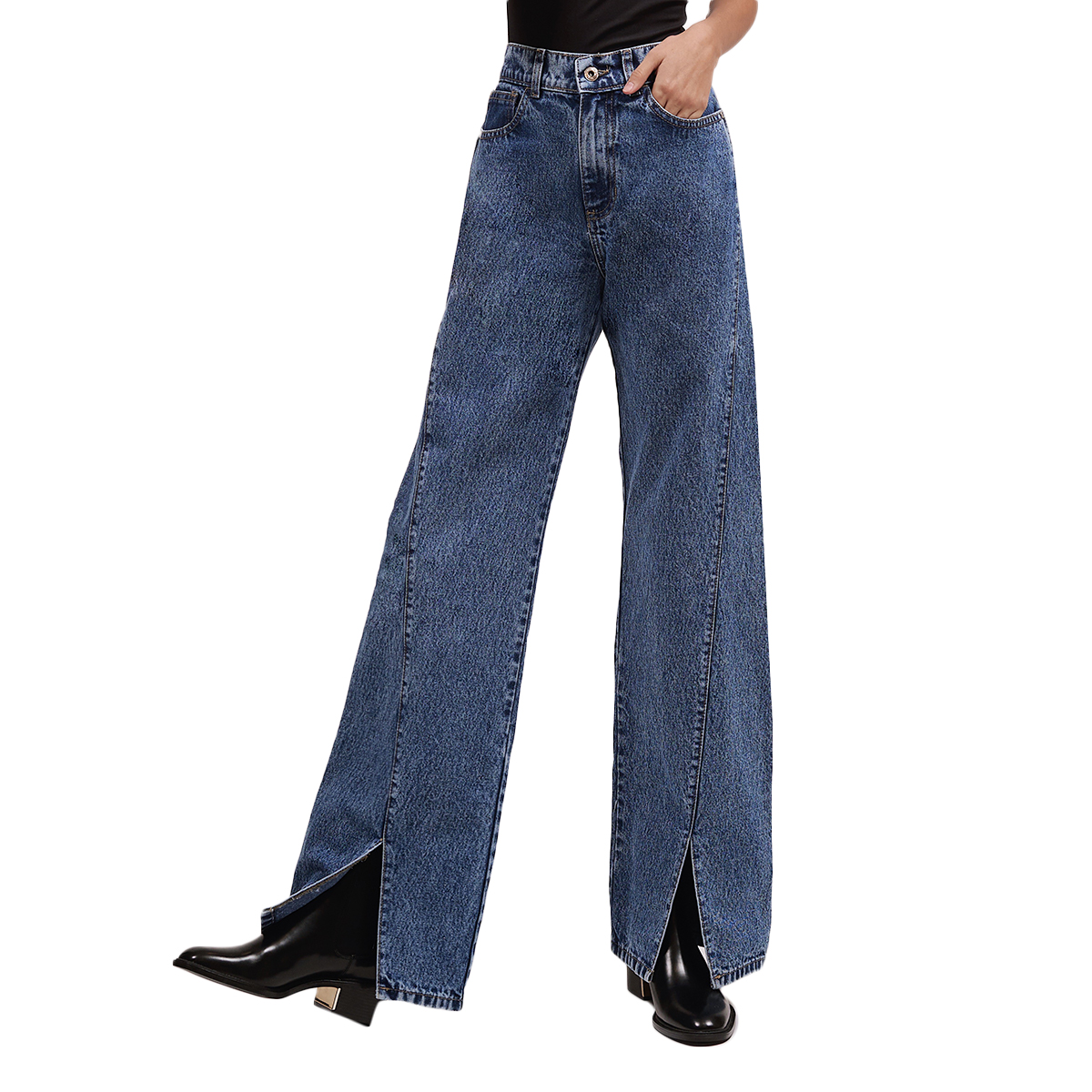 Foto 2 pulgar | Jeans de Mezclilla MCHK Wide Leg 6015 Diseño con Abertura Azul Oscuro Tiro Alto para Mujer