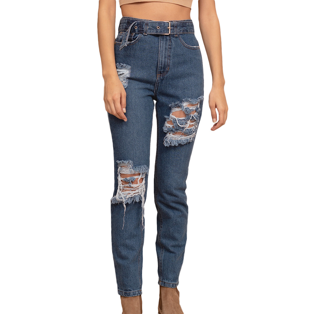 Foto 2 pulgar | Jeans de Mezclilla MCHK 6006 color Azul Corte Recto Diseño con Desgaste Tiro Alto para Mujer