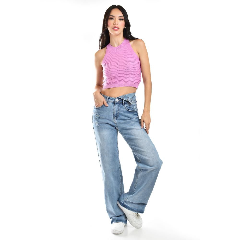 Foto 7 pulgar | Jeans Wide Leg De Cintura Asimetrica /juvenil, 299 (mezclilla Claro) Azul