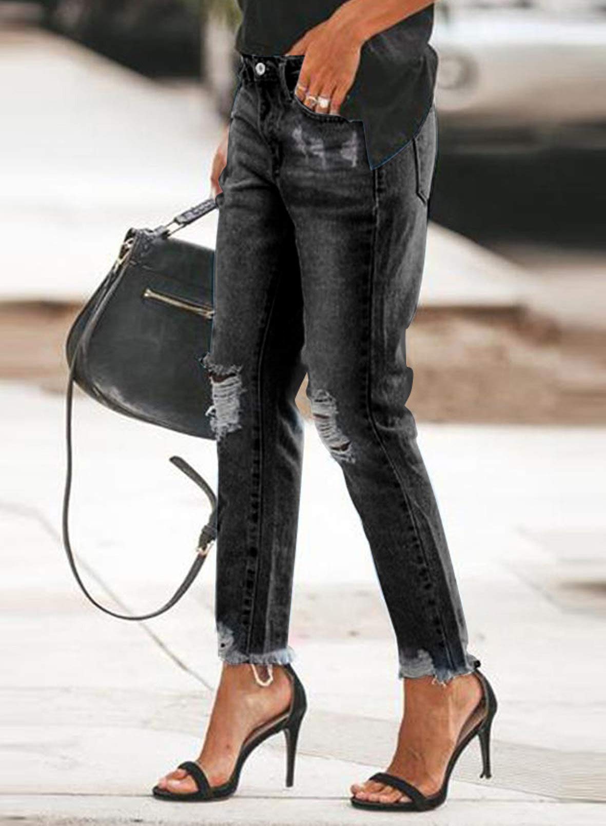 Foto 3 pulgar | Vaqueros Sidefeel Boyfriend Para Mujer, Elásticos, Rasgados, Negros, Talla 16 - Venta Internacional.