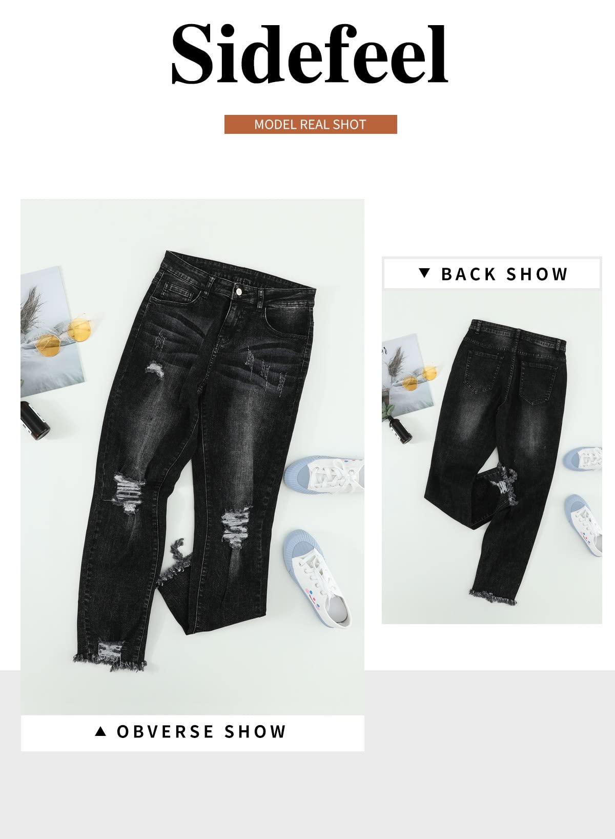 Foto 6 | Vaqueros Sidefeel Boyfriend Para Mujer, Elásticos, Rasgados, Negros, Talla 16 - Venta Internacional.