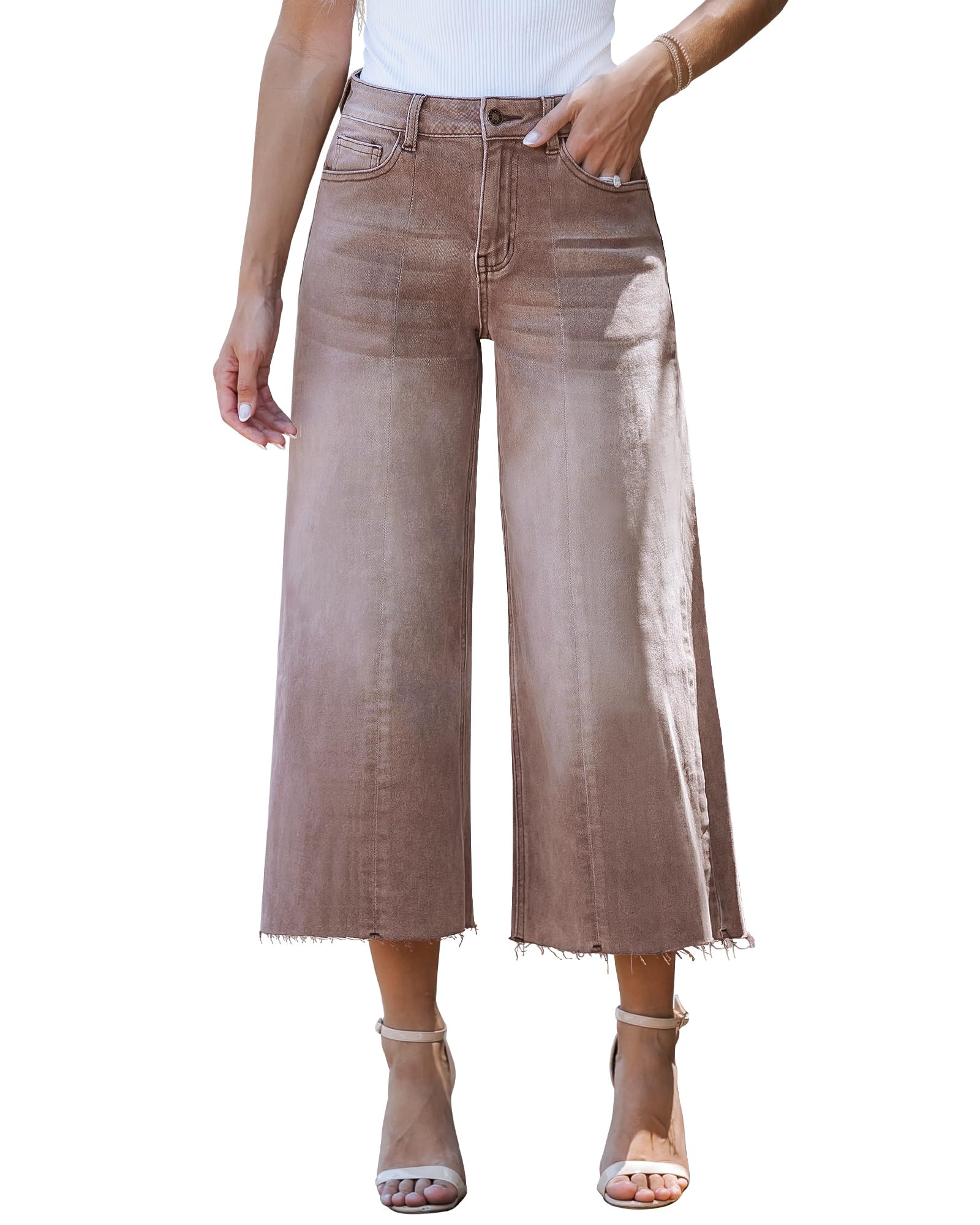 Capris Luvamia De Mezclilla De Pierna Ancha Para Mujer, Color Marrón, Talla L 12-14 - Venta Internacional.