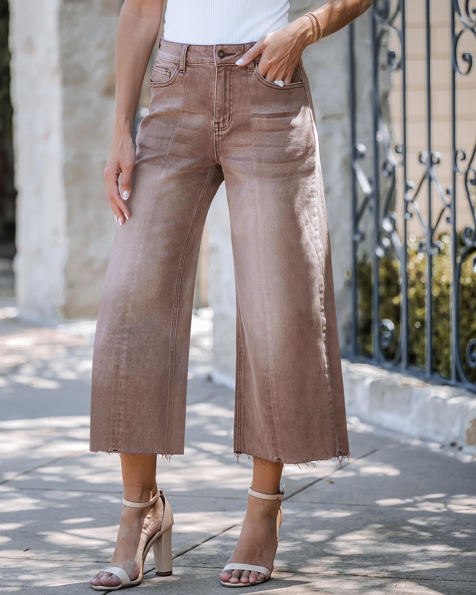 Foto 4 | Capris Luvamia De Mezclilla De Pierna Ancha Para Mujer, Color Marrón, Talla L 12-14 - Venta Internacional.