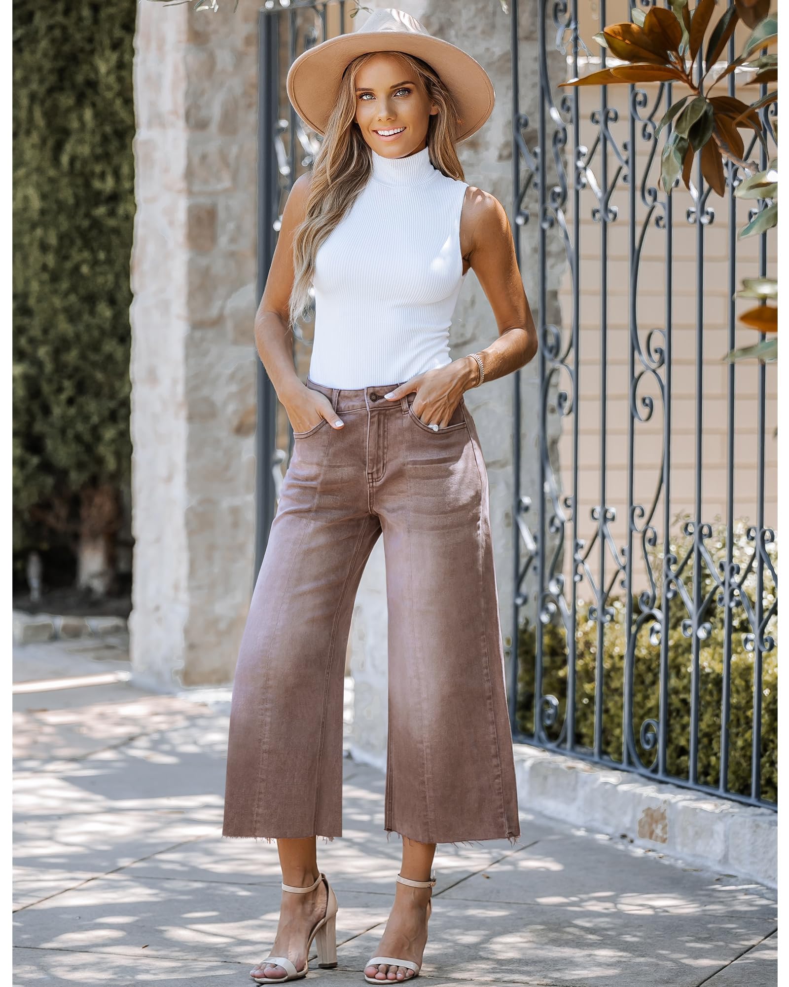 Foto 7 | Capris Luvamia De Mezclilla De Pierna Ancha Para Mujer, Color Marrón, Talla L 12-14 - Venta Internacional.