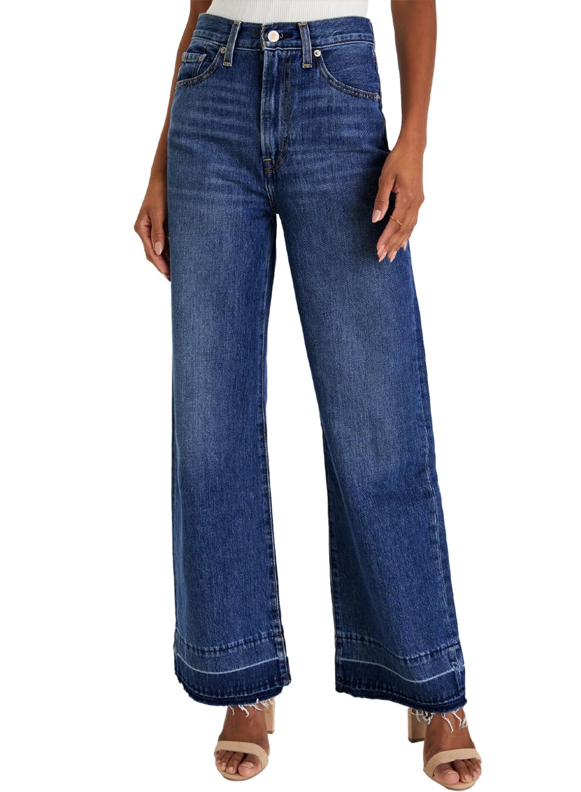 Pantalones Vaqueros Elegantes De Cintura Alta, Rectos, Pernera Ancha, Azul - Venta Internacional.