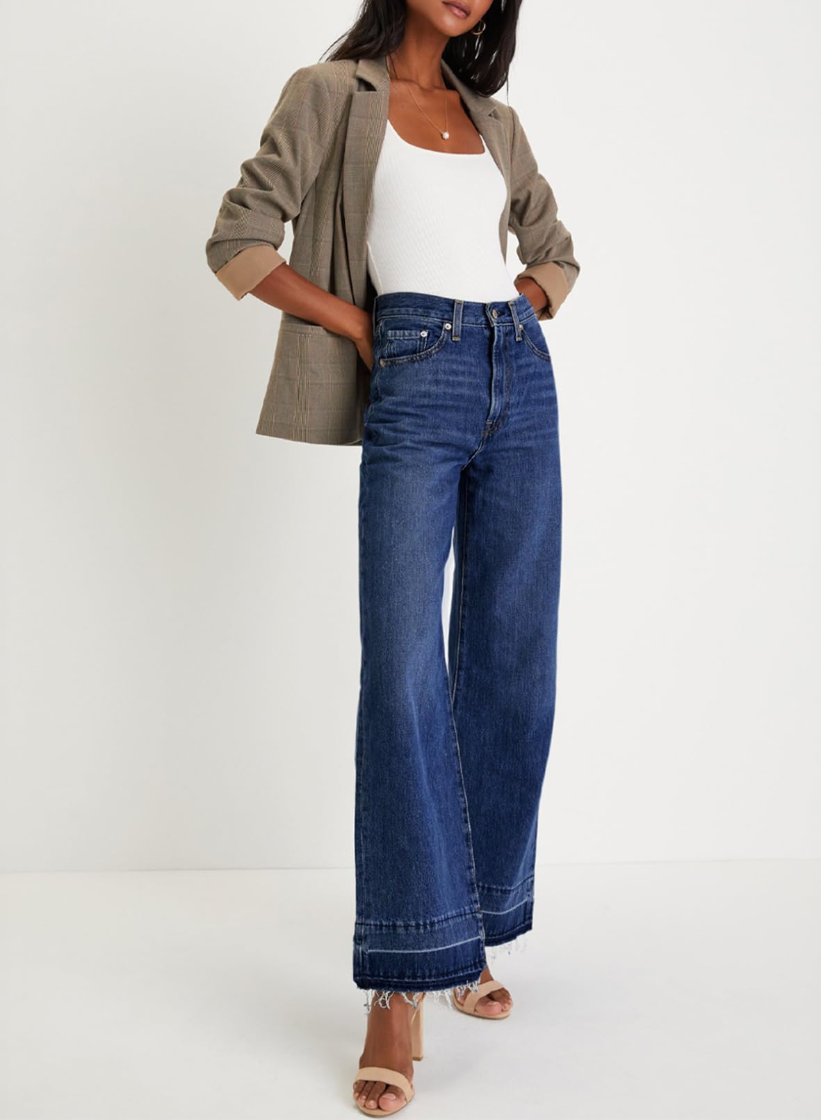 Foto 3 | Pantalones Vaqueros Elegantes De Cintura Alta, Rectos, Pernera Ancha, Azul - Venta Internacional.