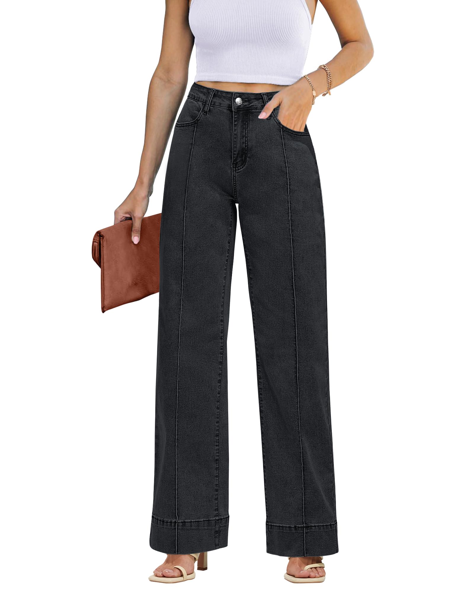 Foto 2 pulgar | Pantalones Vaqueros Luvamia De Pierna Ancha Negros De Cintura Alta Para Mujer, Talla L 12-14 - Venta Internacional.