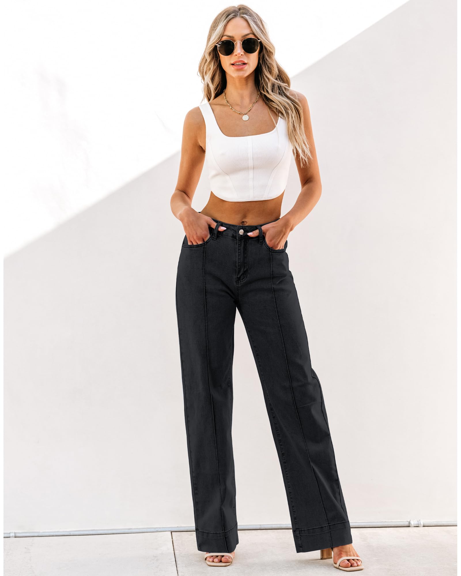 Foto 3 pulgar | Pantalones Vaqueros Luvamia De Pierna Ancha Negros De Cintura Alta Para Mujer, Talla L 12-14 - Venta Internacional.