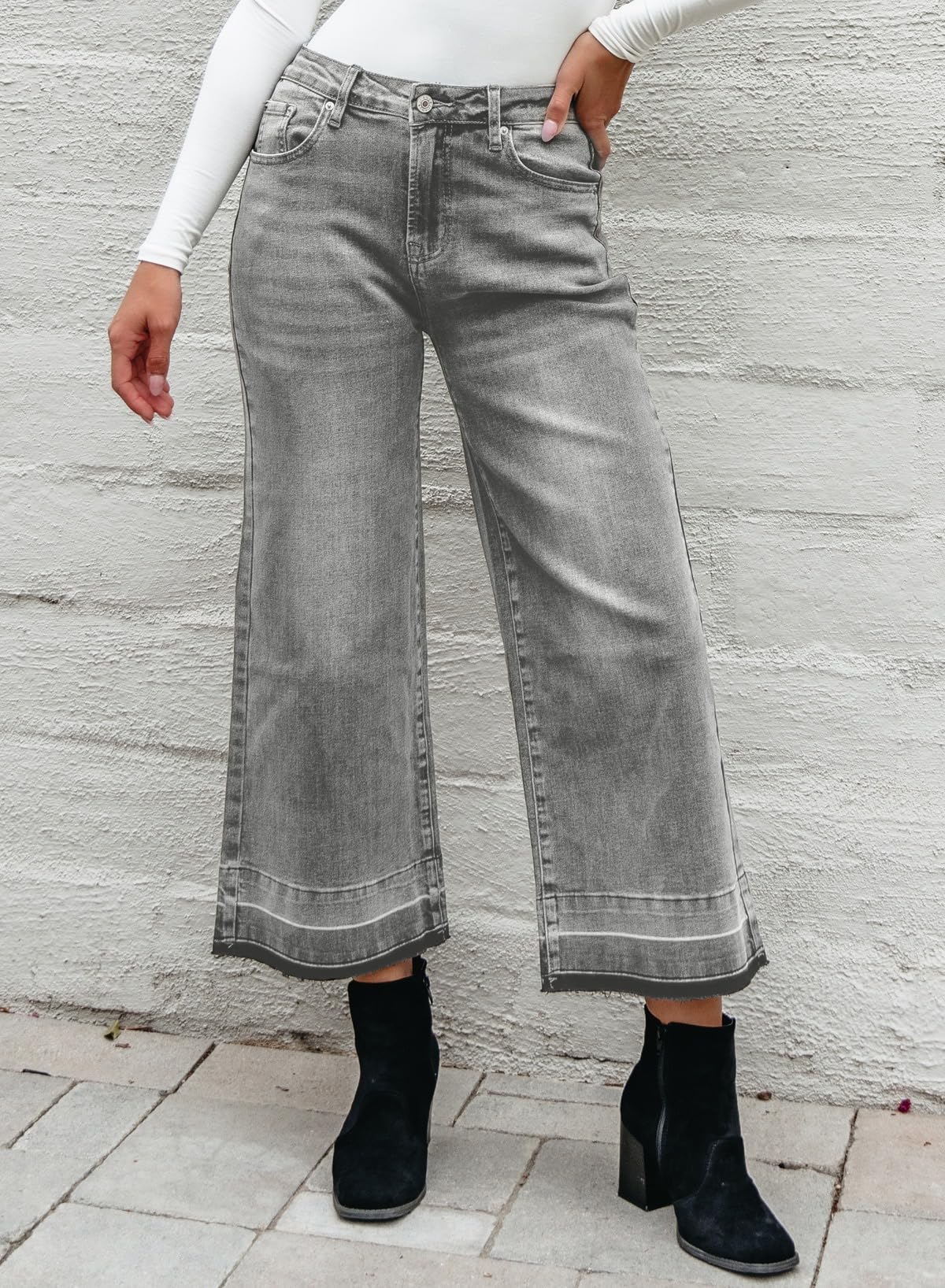 Foto 4 pulgar | Jeans Astylish Para Mujer, Pierna Ancha, Cintura Alta, Gris Claro - Venta Internacional.