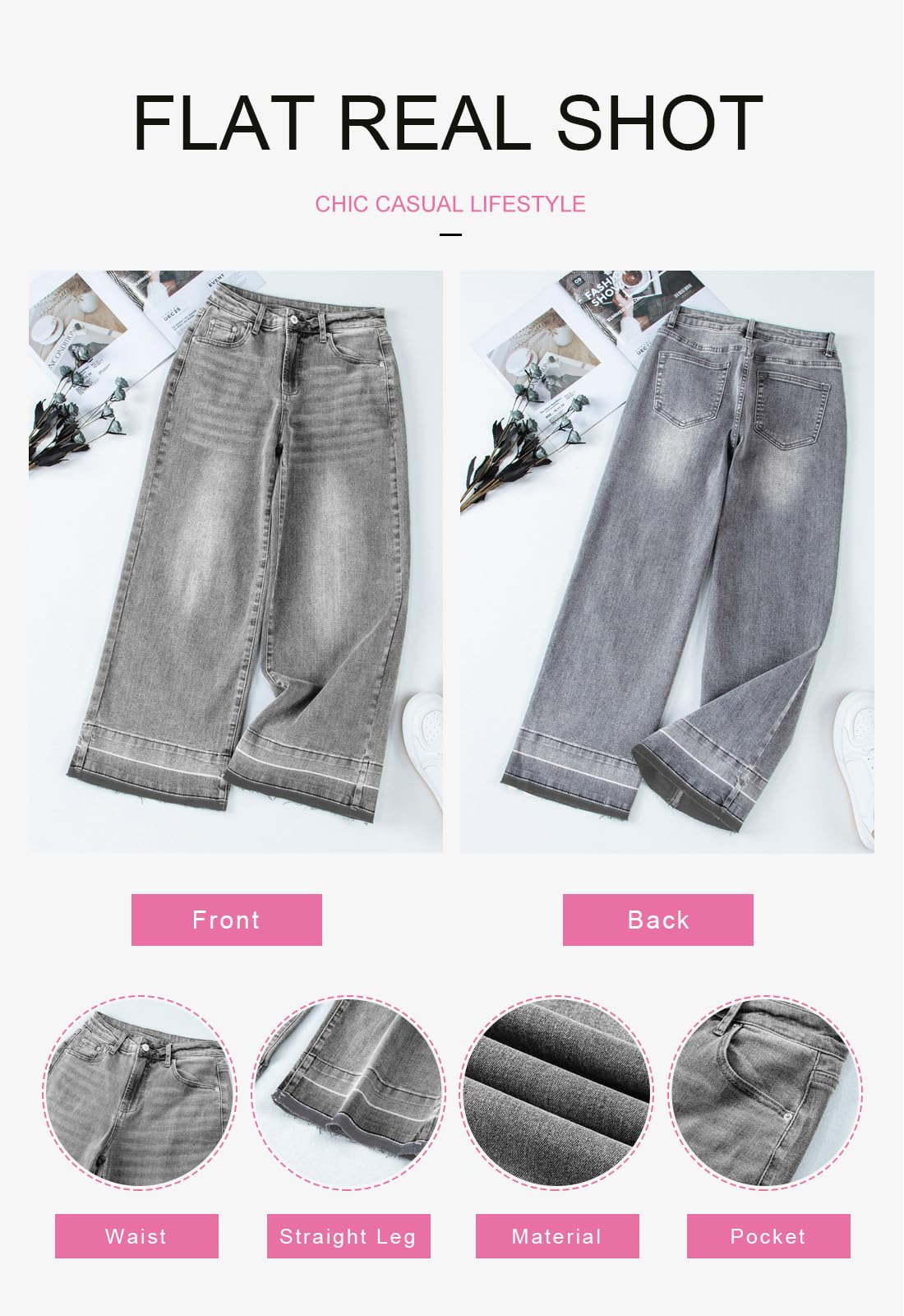 Foto 6 pulgar | Jeans Astylish Para Mujer, Pierna Ancha, Cintura Alta, Gris Claro - Venta Internacional.