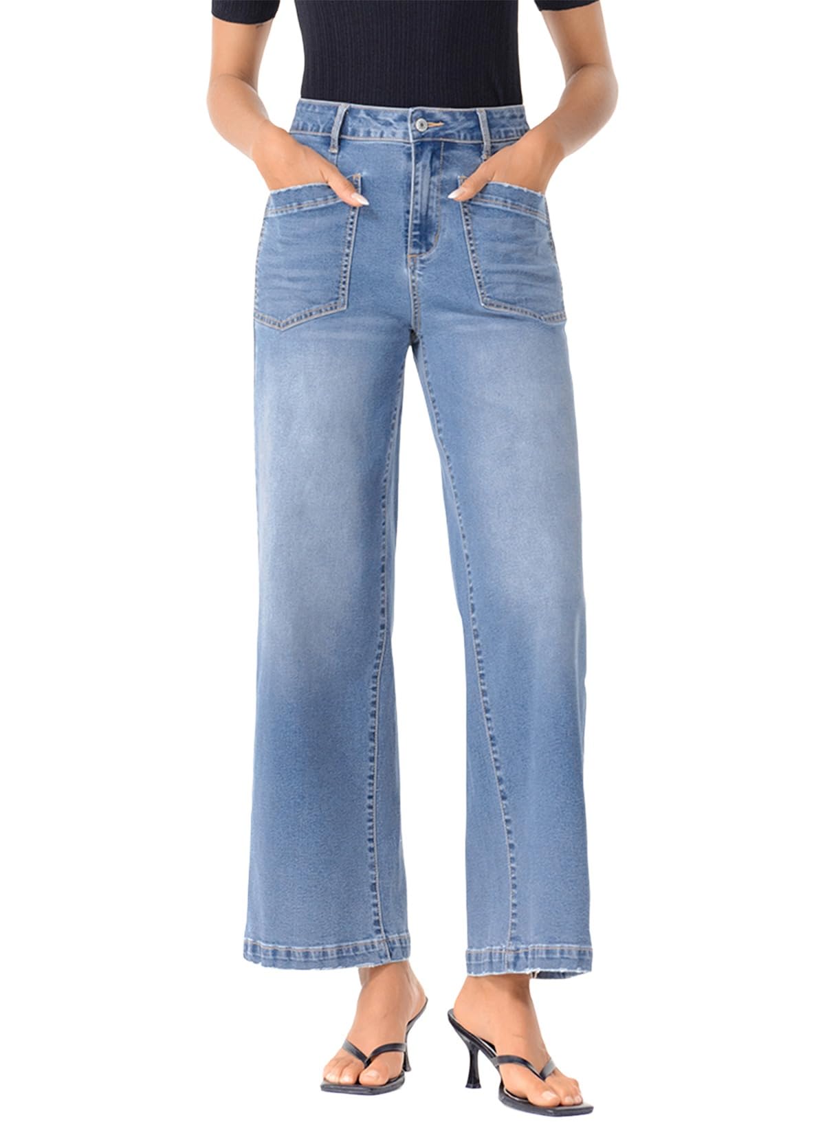 Foto 2 pulgar | Vaqueros Sidefeel Para Mujer, Cintura Alta, Pierna Ancha, Azul Islandés - Venta Internacional.