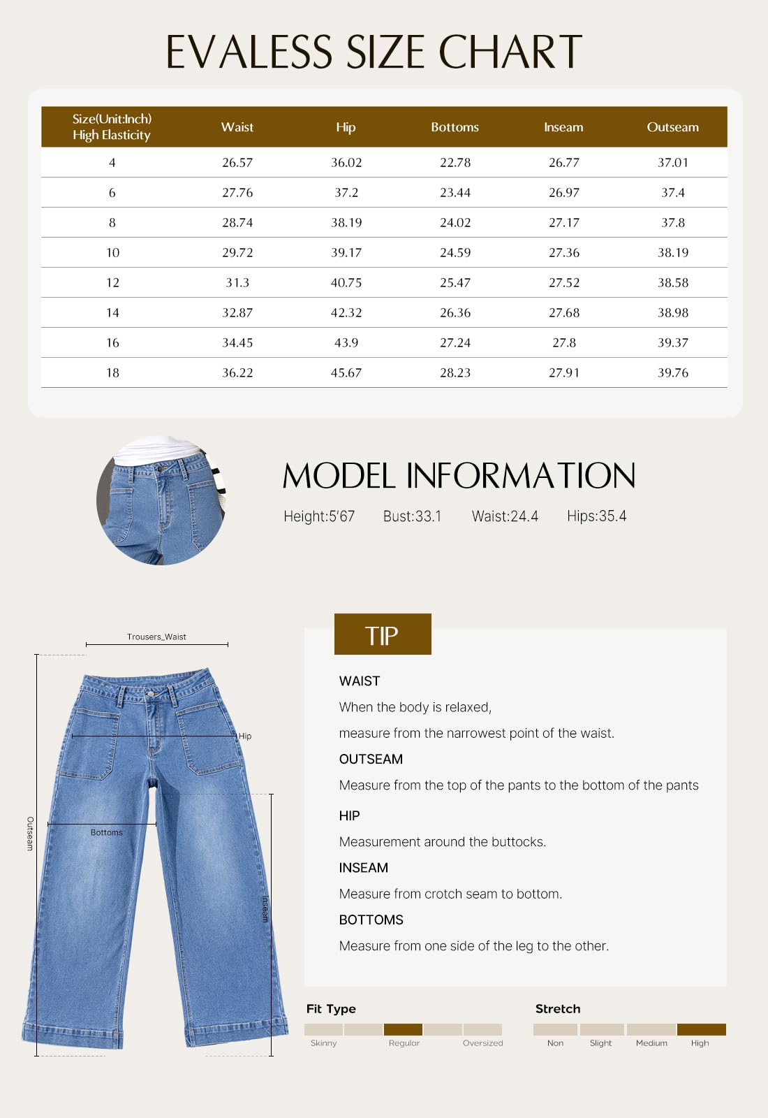 Foto 6 | Vaqueros Evaless Para Mujer, Pernera Ancha, Cintura Alta, Color Blanco, Talla 4 - Venta Internacional.