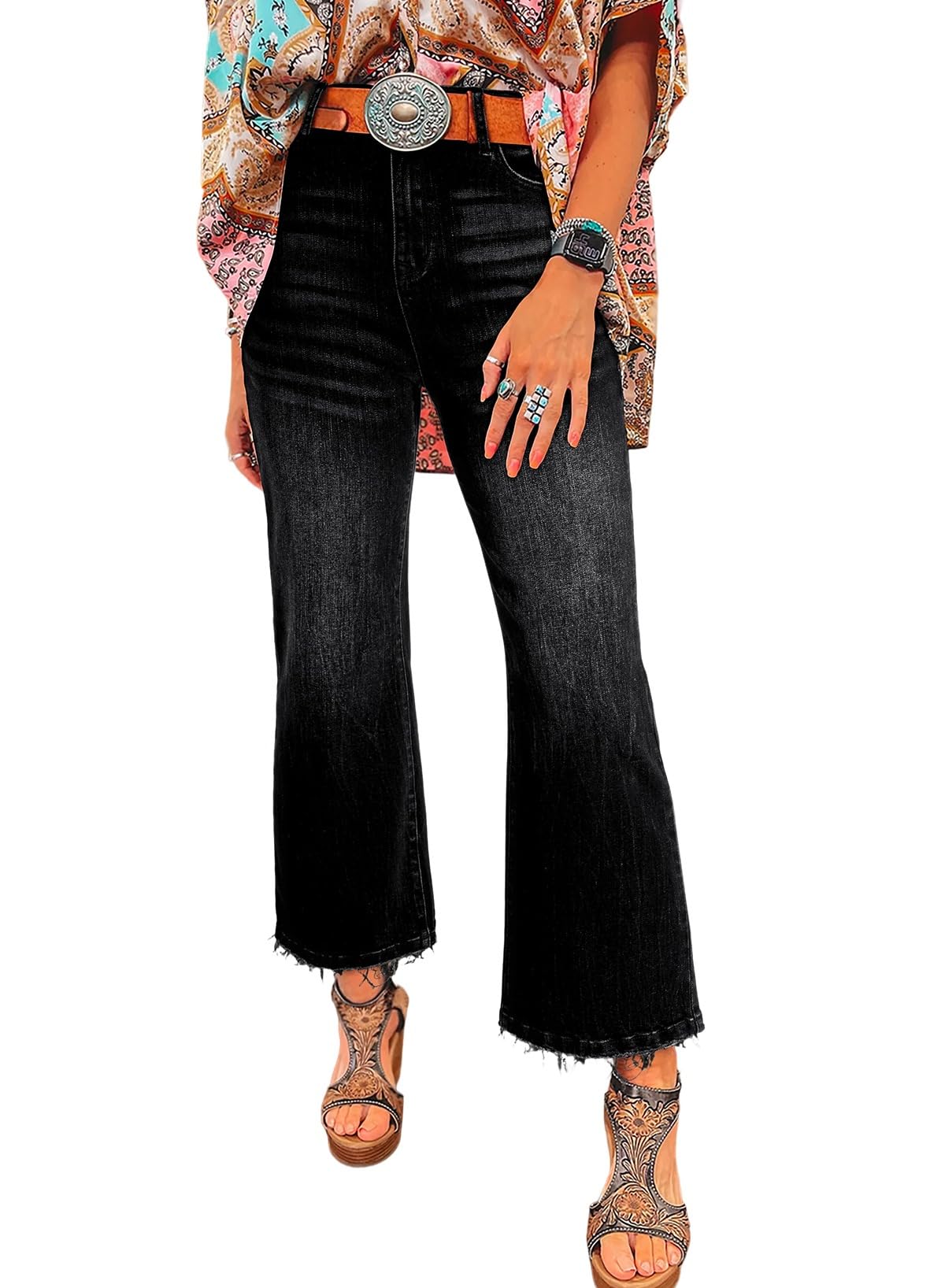 Vaqueros Elegantes Para Mujer, Cintura Alta, Pierna Ancha, Tobillo Acampanado, Negros - Venta Internacional.