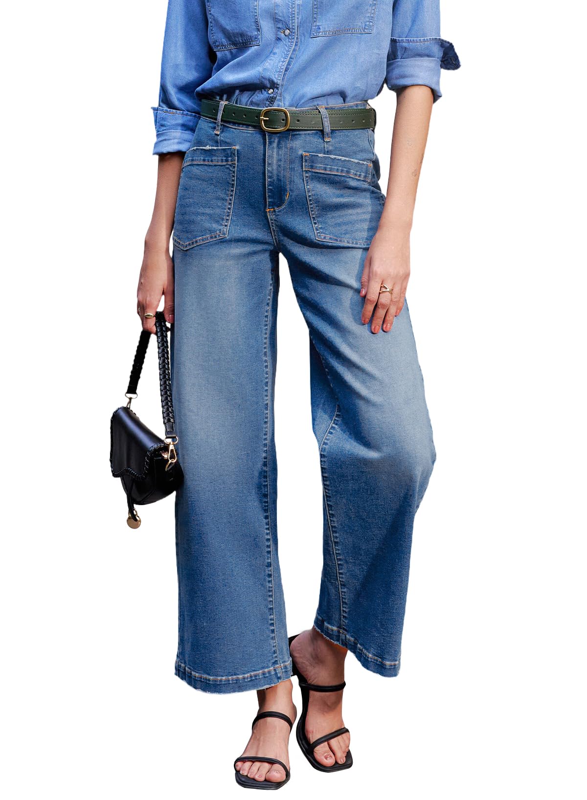 Foto 1 | Vaqueros Sidefeel Para Mujer, Pierna Ancha, Cintura Alta, Elásticos, Azul Cielo - Venta Internacional.