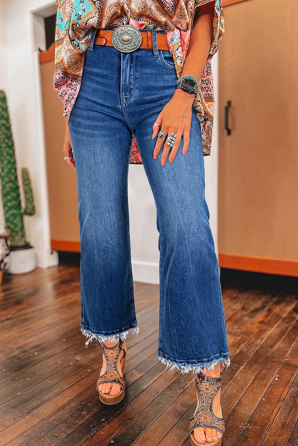 Foto 2 | Pantalones Vaqueros Elegantes, Talle Alto, Pierna Ancha Y Rasgada, Azul 18 - Venta Internacional.