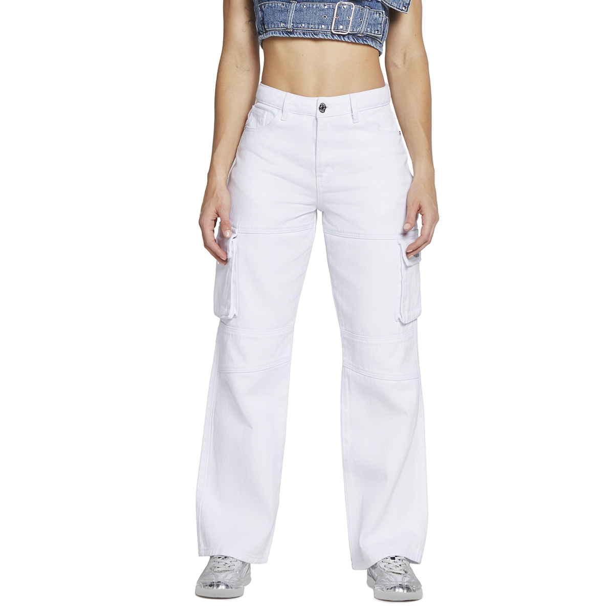 Jeans Recto Pierna Ancha Cargo Mujer Cintura Alta 0033blco