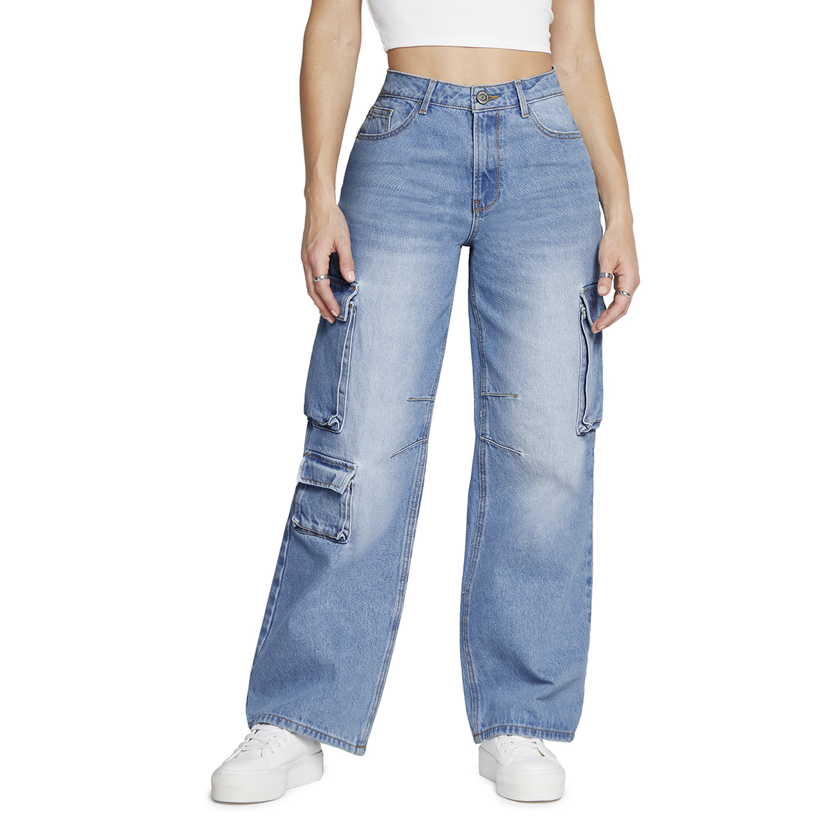Foto 2 pulgar | Jeans Recto Pierna Ancha Cargo Mujer Cintura Alta 9961stmc