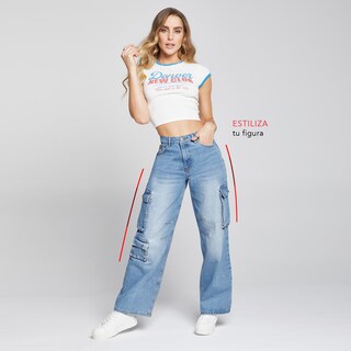Foto 6 | Jeans Recto Pierna Ancha Cargo Mujer Cintura Alta 9961stmc