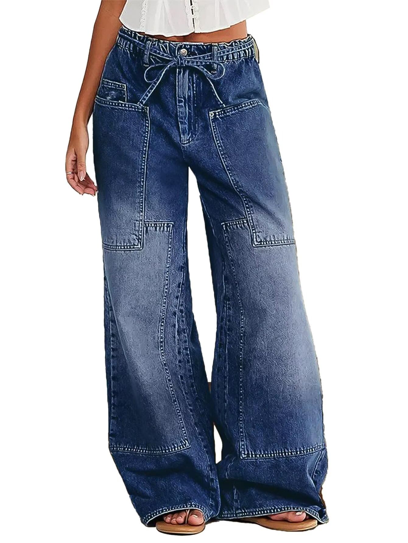 Vaqueros Flamingals De Pierna Ancha Con Cordón A Media Cintura, Azul Oscuro, L - Venta Internacional.