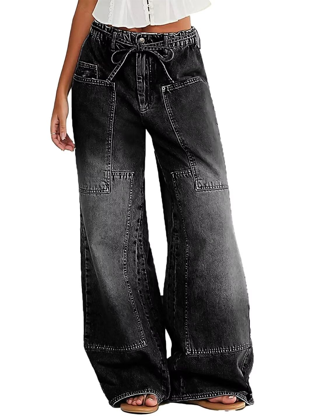 Foto 2 pulgar | Pantalones Vaqueros Anchos Con Diseño De Flamencos, Cintura Media, Negros, 2xl, Para Mujer - Venta Internacional.