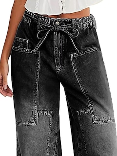 Foto 3 | Pantalones Vaqueros Anchos Con Diseño De Flamencos, Cintura Media, Negros, 2xl, Para Mujer - Venta Internacional.
