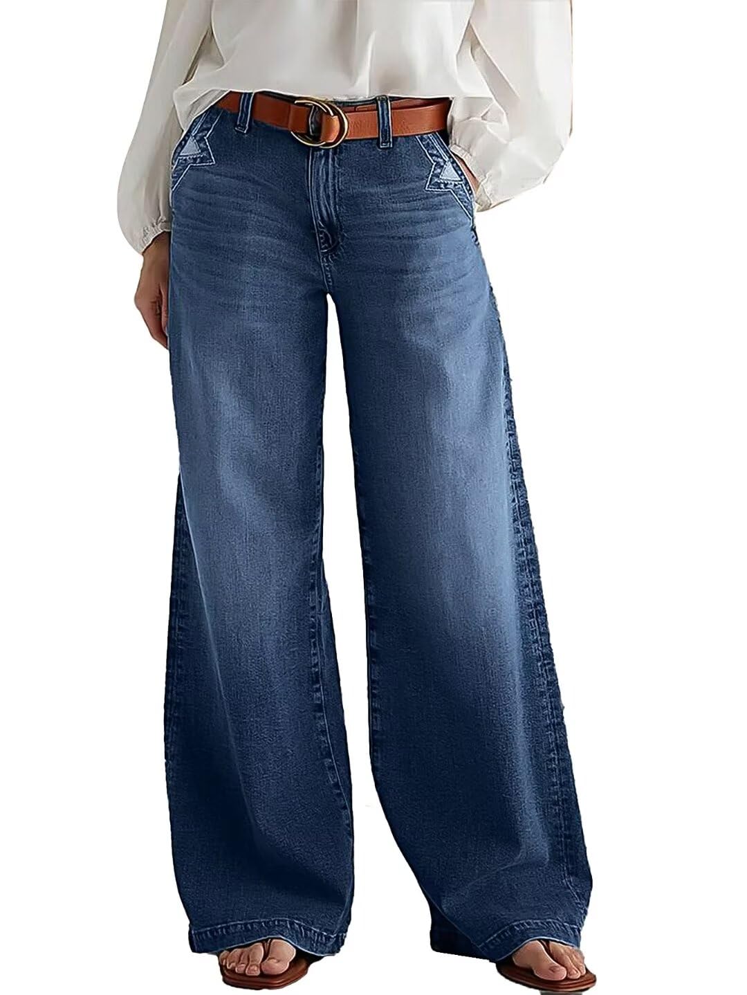 Foto 1 | Vaqueros De Pierna Ancha Flamingals Para Mujer, Cintura Media, Azul Marino, 2xl - Venta Internacional.