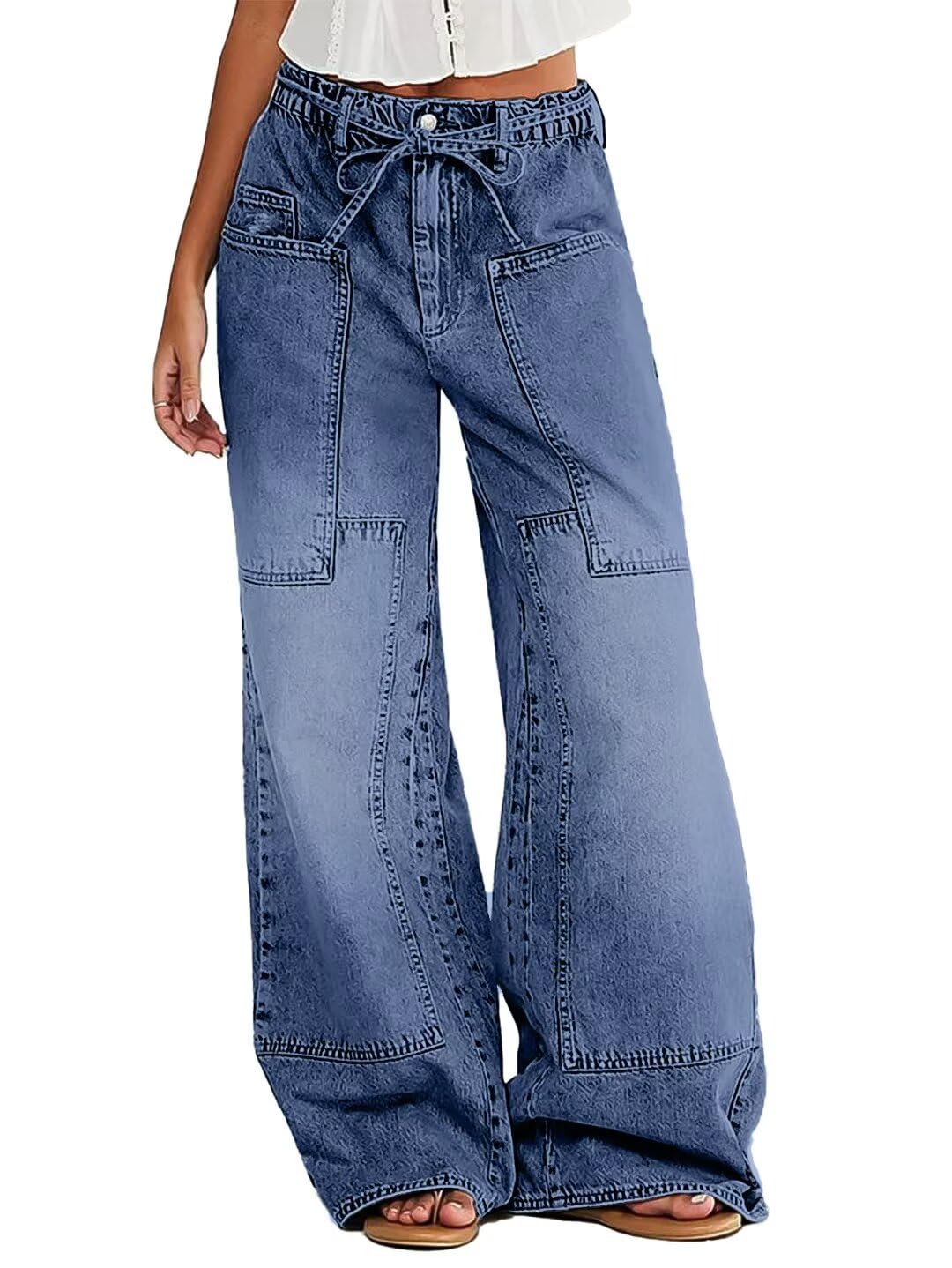 Foto 2 pulgar | Jeans Flamingals De Pierna Ancha Con Cordón A Media Cintura Para Mujer - Venta Internacional.