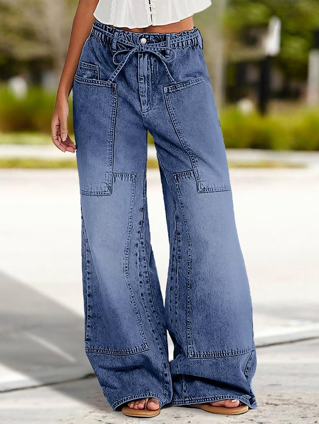 Foto 3 pulgar | Jeans Flamingals De Pierna Ancha Con Cordón A Media Cintura Para Mujer - Venta Internacional.