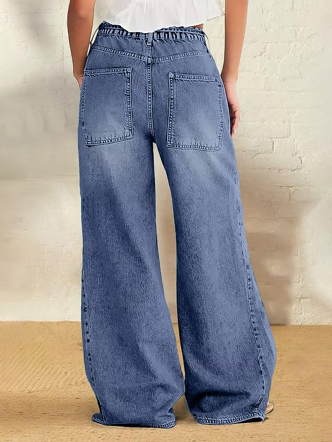 Foto 4 pulgar | Jeans Flamingals De Pierna Ancha Con Cordón A Media Cintura Para Mujer - Venta Internacional.