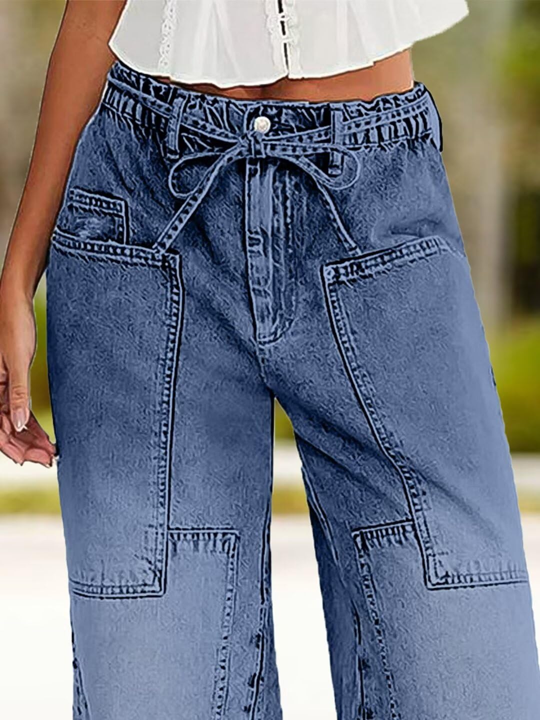 Foto 5 pulgar | Jeans Flamingals De Pierna Ancha Con Cordón A Media Cintura Para Mujer - Venta Internacional.