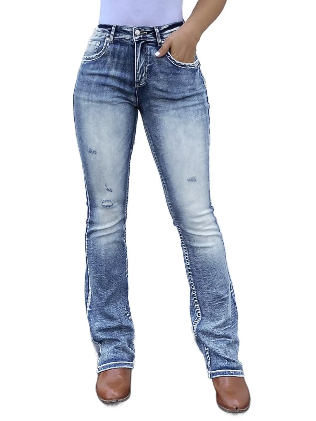 Foto 3 pulgar | Vaqueros Con Corte De Bota Flamingals Para Mujer, Azul Medio, Mezclilla, 2xl - Venta Internacional.
