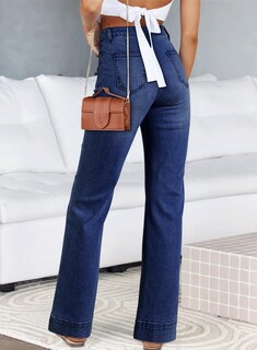 Foto 2 | Vaqueros Elegantes Sin Cordones Para Mujer, Cintura Alta, Pierna Ancha, Azul Marino - Venta Internacional.