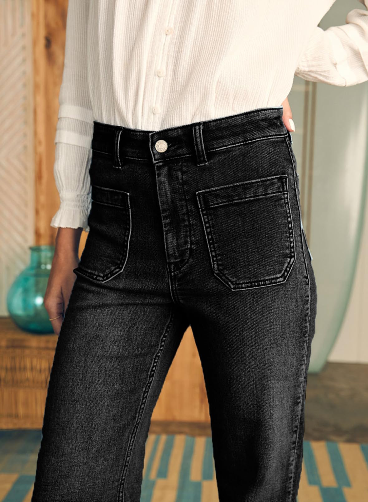Foto 6 pulgar | Jeans Astylish Para Mujer, Pierna Ancha, Cintura Alta, Talla 8, Color Negro - Venta Internacional.