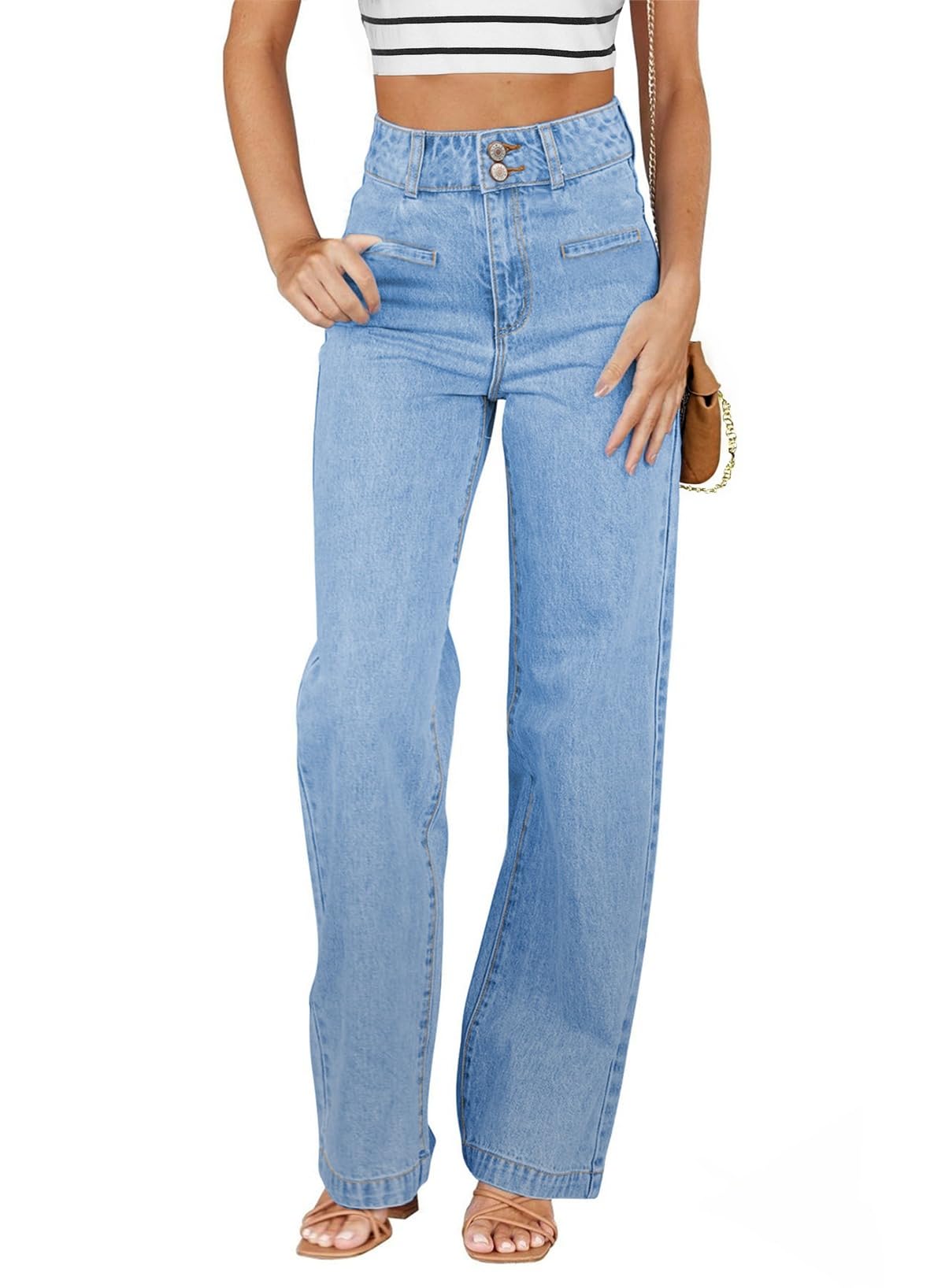 Foto 1 | Vaqueros Sidefeel Para Mujer, Pierna Ancha, Cintura Alta, Elásticos, Azul - Venta Internacional.