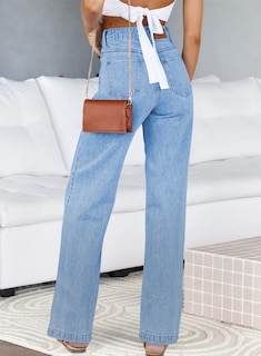 Foto 2 | Vaqueros Sidefeel Para Mujer, Pierna Ancha, Cintura Alta, Elásticos, Azul - Venta Internacional.