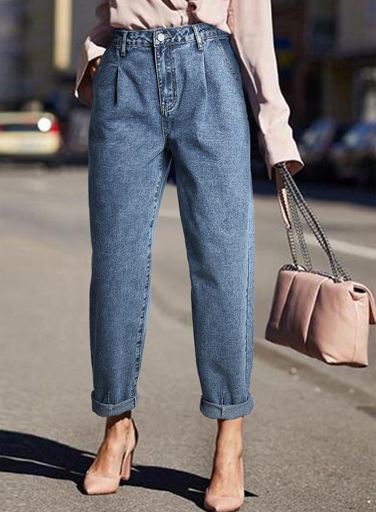 Foto 4 | Vaqueros Elegantes Y Modernos De Cintura Alta Para Mamá, Azul Recortado, 8 - Venta Internacional.