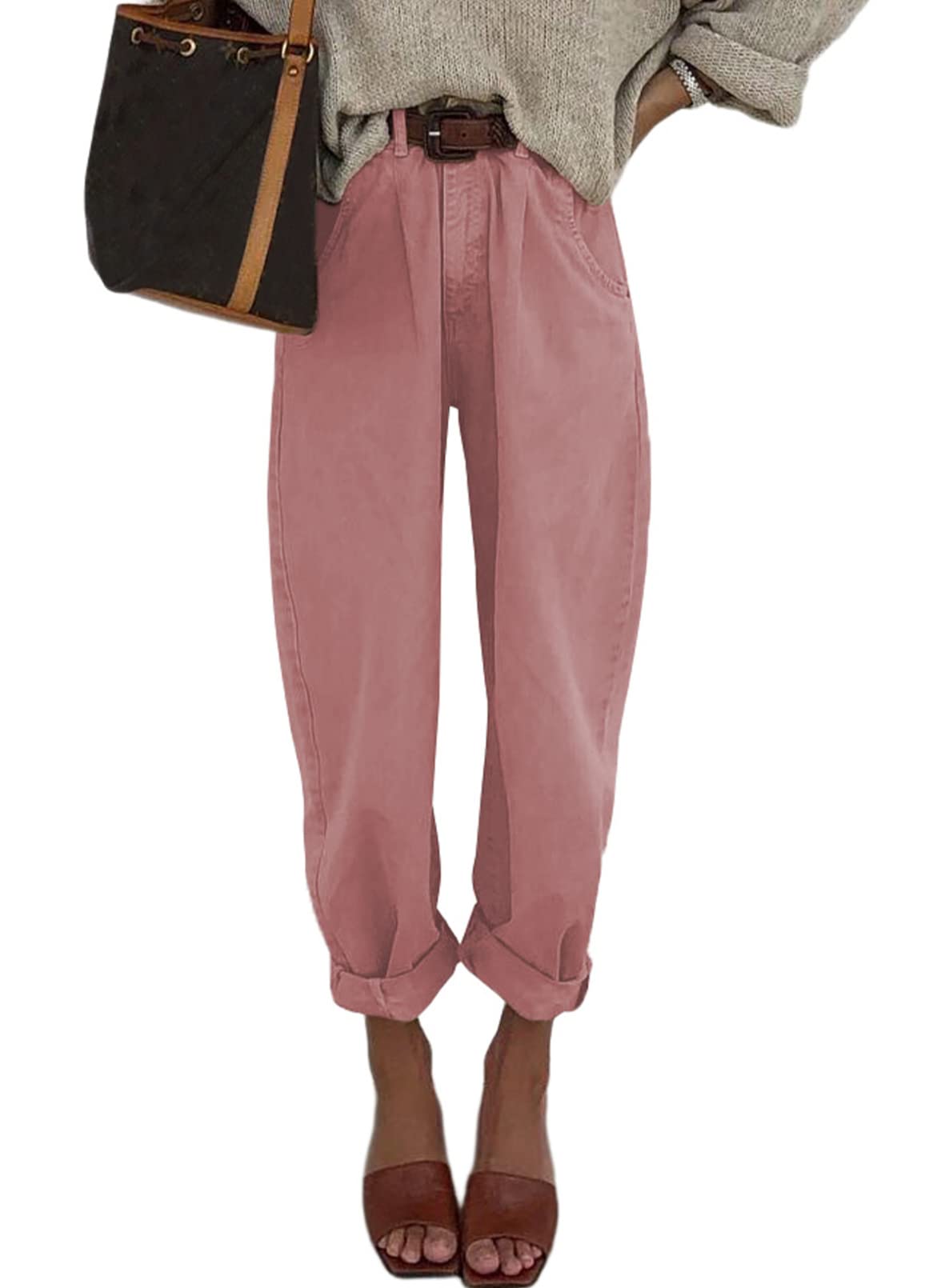 Vaqueros Elegantes Para Mujer, Cintura Alta, Casual, Holgado, Novio, Rosa - Venta Internacional.