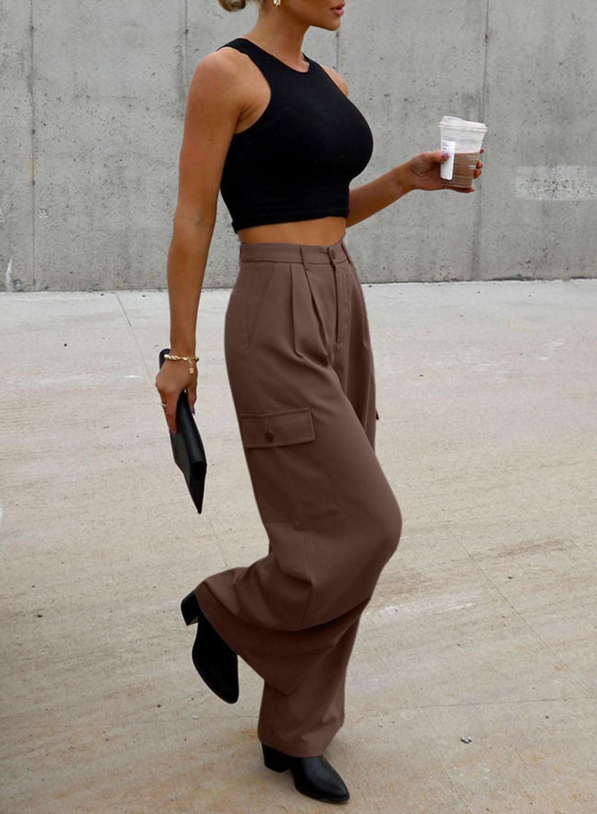 Foto 5 pulgar | Pantalones Cargo Dokotoo De Cintura Alta Y Pierna Ancha Para Mujer, Color Gris - Venta Internacional.