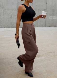 Foto 4 | Pantalones Cargo Dokotoo De Cintura Alta Y Pierna Ancha Para Mujer, Color Gris - Venta Internacional.