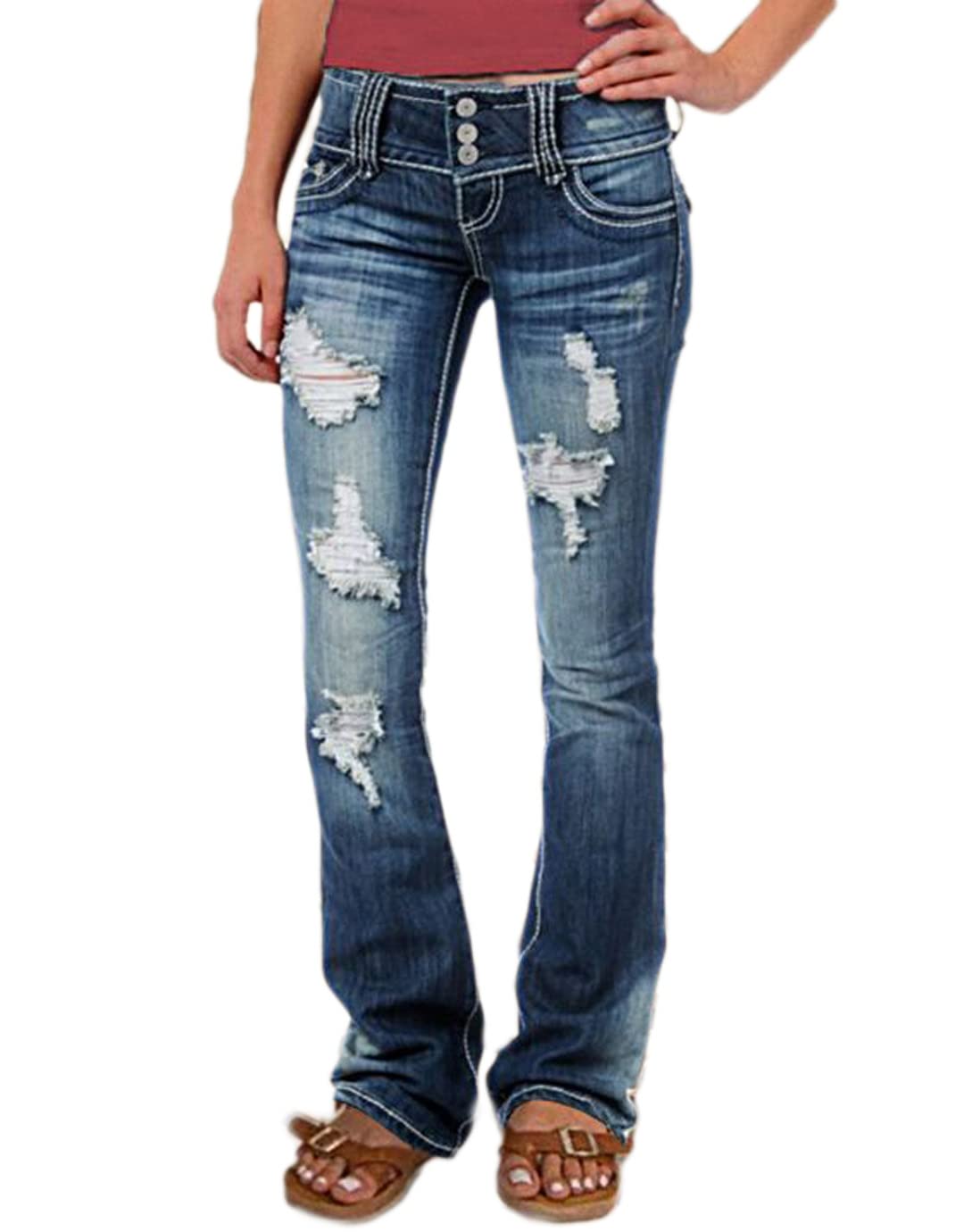 Foto 2 pulgar | Jeans Flamingals Flamingals, Talle Bajo, Corte De Bota Rasgado, Pierna Ancha Para Mujer, Azul Xs - Venta Internacional.