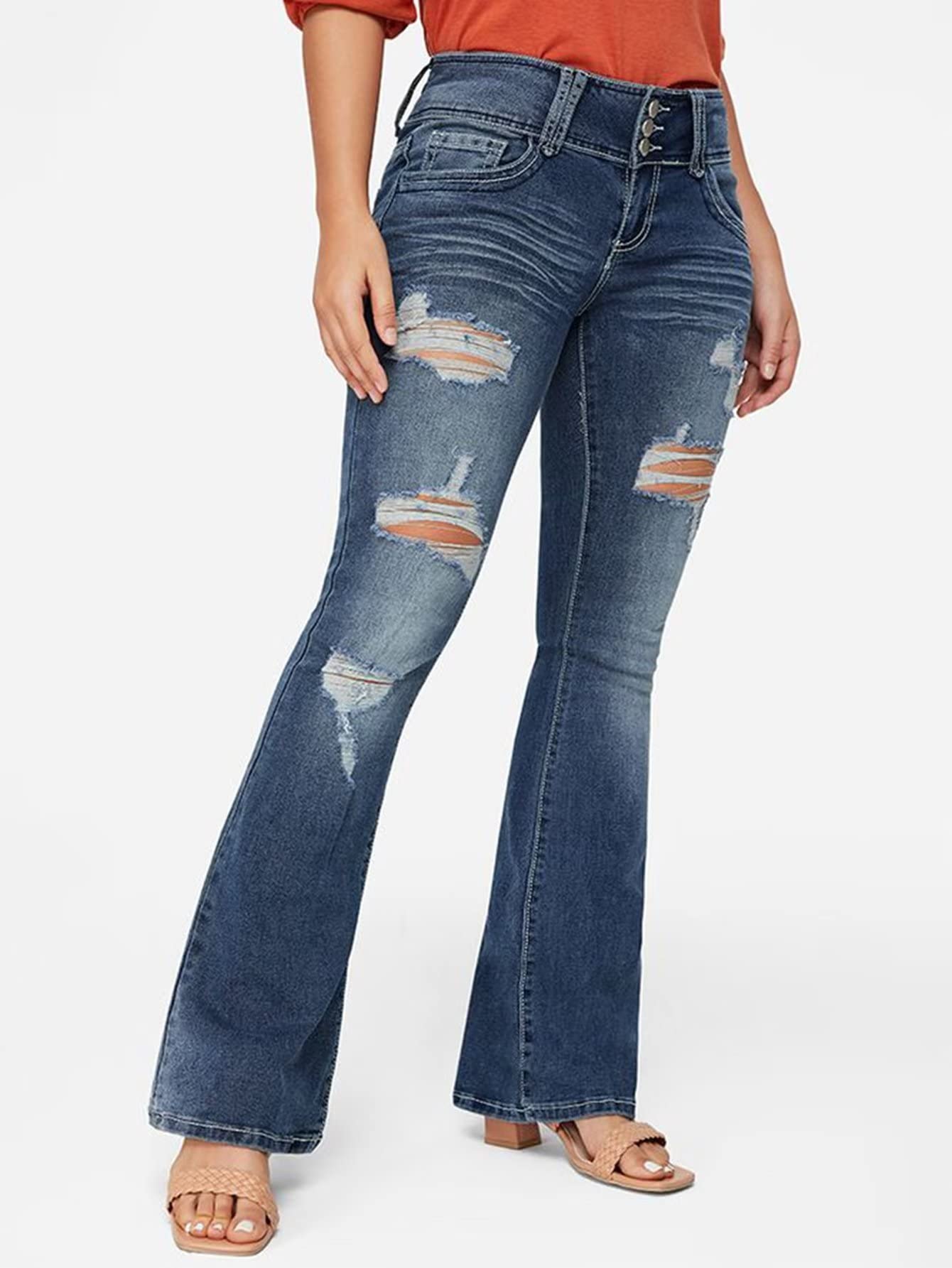 Foto 5 pulgar | Jeans Flamingals Flamingals, Talle Bajo, Corte De Bota Rasgado, Pierna Ancha Para Mujer, Azul Xs - Venta Internacional.