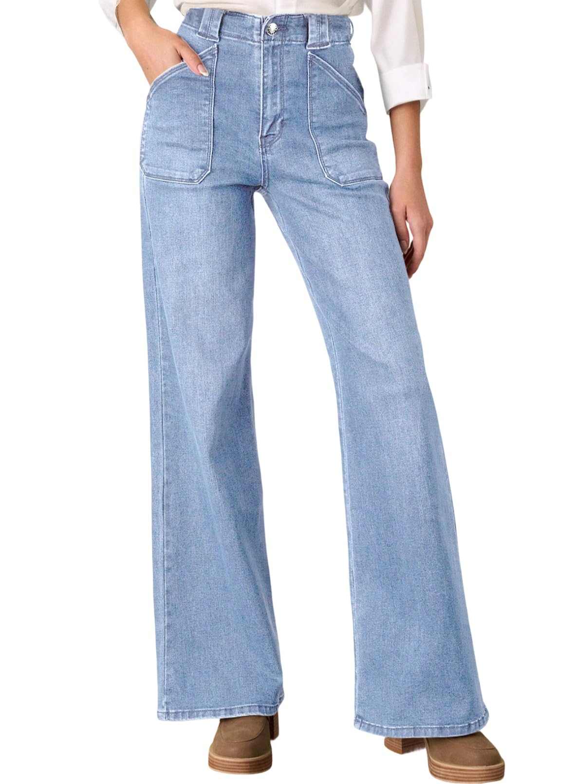 Jeans Astylish Para Mujer, Elásticos, Con Cintura Alta, Corte De Bota, Azul Beau - Venta Internacional.