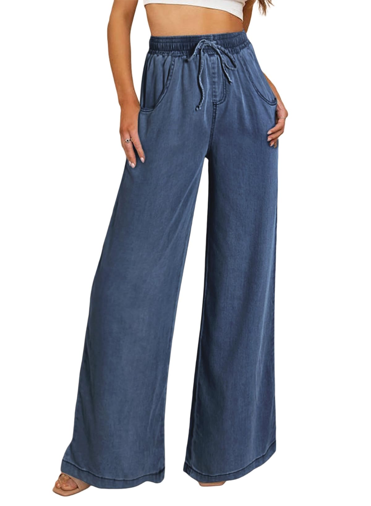 Jeans Sidefeel, Cintura Alta, Pierna Ancha, Con Cordón, Azul, Para Mujer - Venta Internacional.