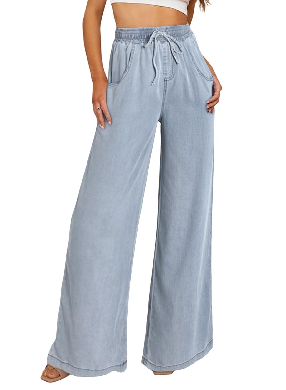Jeans De Mezclilla Con Cordón De Cintura Alta Y Pierna Ancha Para Mujer - Venta Internacional.