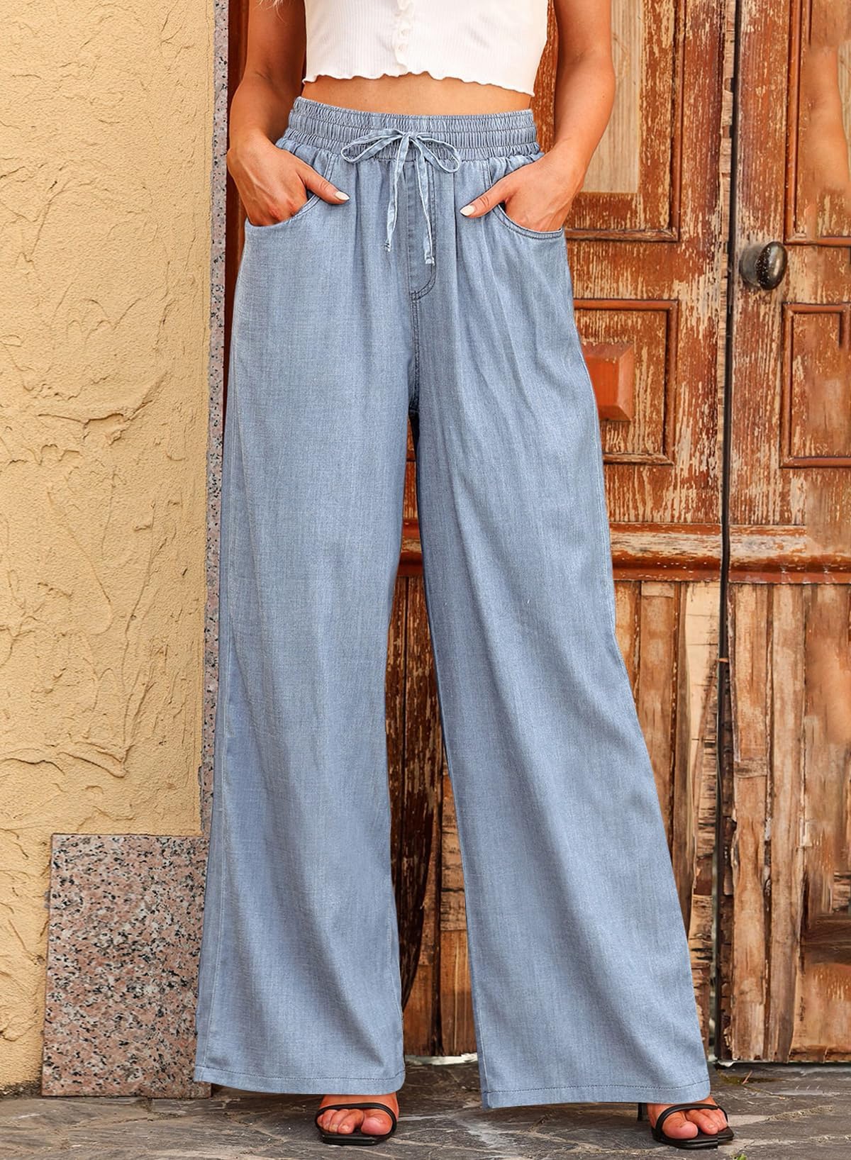 Foto 3 pulgar | Jeans De Mezclilla Con Cordón De Cintura Alta Y Pierna Ancha Para Mujer - Venta Internacional.